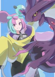 Rule 34 | 1girl, blue background, bow-shaped hair, character hair ornament, creatures (company), dusk poke27, game freak, gen 4 pokemon, green hair, grey pantyhose, grey shirt, grin, hair ornament, highres, iono (pokemon), jacket, long hair, looking at viewer, mismagius, mixed-language commentary, multicolored hair, nintendo, pantyhose, pink hair, pokemon, pokemon (creature), pokemon sv, purple eyes, shirt, signature, sleeveless, sleeveless shirt, sleeves past fingers, sleeves past wrists, smile, teeth, two-tone hair, yellow jacket
