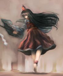Rule 34 | 1girl, ankle cuffs, arm ribbon, barefoot, black eyes, black hair, bow, detached sleeves, eyelashes, forest, from behind, gohei, gradient background, hair bow, hair tubes, hakurei reimu, hanuu, long hair, looking at viewer, looking back, midriff, nature, red skirt, ribbon, ribbon-trimmed sleeves, ribbon trim, skirt, sleeveless, solo, touhou, very long hair
