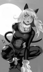 Rule 34 | 1girl, animal ears, animal hands, arm behind back, bell, cat ears, clip studio paint (medium), fangs, floating hair, greyscale, highres, jing king of bandits, kirsch (jing king of bandits), lips, long hair, looking down, monochrome, nanja, neck bell, open mouth, skin tight, skinsuit, slit pupils, solo, squatting, tail, thighs