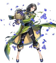 Rule 34 | 1boy, basket, black hair, bow, bowtie, cape, facial mark, fire emblem, fire emblem: path of radiance, fire emblem: radiant dawn, fire emblem heroes, flower, forehead mark, full body, haru (toyst), highres, injury, long hair, low ponytail, male focus, nintendo, official alternate costume, red eyes, solo, soren (fire emblem), teeth, torn clothes, transparent background