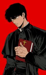 Rule 34 | 1boy, black cape, black coat, black eyes, black hair, book, cape, closed mouth, coat, constricted pupils, dogho31, expressionless, hand up, head tilt, highres, holding, holding book, looking up, male focus, original, priest, red background, scar, scar on face, short hair, simple background, solo, stitched fingers, tan, toned, toned male, upper body, veins, veiny hands
