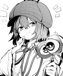 Rule 34 | 1girl, absurdres, akimaki yuu, alternate headwear, beret, closed mouth, foul detective satori, greyscale, hat, highres, holding, holding magnifying glass, komeiji satori, long sleeves, looking at viewer, magnifying glass, monochrome, short hair, simple background, solo, third eye, touhou, upper body, wide sleeves