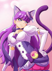 Rule 34 | 10s, 1girl, animal ears, blush, cat ears, cat tail, choker, cure macaron, earrings, elbow gloves, extra ears, food-themed hair ornament, fuchi (nightmare), gloves, hair ornament, hand on own hip, jewelry, kirakira precure a la mode, kotozume yukari, layered skirt, long hair, looking at viewer, magical girl, pink background, precure, purple eyes, purple hair, purple skirt, purple theme, ribbon, skirt, smile, solo, tail, white gloves