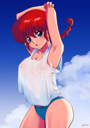 Rule 34 | 1girl, arms up, artist request, ass, bikini, bikini under clothes, blue bikini, blue eyes, blue sky, braid, breasts, highres, large breasts, lips, long hair, looking at viewer, nipples, ranma-chan, ranma 1/2, red hair, shiny skin, shirt, short hair, side-tie bikini bottom, single braid, sky, solo, stretching, swimsuit, wet, wet clothes, wide hips
