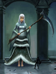 Rule 34 | 1girl, artist request, barefoot, chosen undead, dark souls (series), dark souls i, dragon girl, feet, from software, fur, giant, giantess, horns, long hair, priscilla the crossbreed, scythe, shield, size difference, solo, sword, tail, toes, weapon, white hair