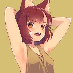 Rule 34 | 1girl, :d, animal ear fluff, animal ears, armpits, arms behind head, arms up, bandaid, bandaid on cheek, bandaid on face, bare arms, bare shoulders, breasts, brown background, brown shirt, calm mashiro, collarbone, covered erect nipples, etrian odyssey, hound (sekaiju), open mouth, orange eyes, red hair, sekaiju no meikyuu, sekaiju no meikyuu 5, shirt, short hair, simple background, sleeveless, sleeveless shirt, small breasts, smile, solo, teeth, upper body, upper teeth only, v-shaped eyebrows