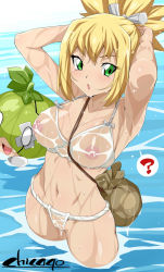 Rule 34 | 10s, 1girl, 2019, ?, arms behind head, bag, bikini, blonde hair, blush, breasts, chicago-x, cleavage, collar, collarbone, confused, dr. stone, dripping, eyebrows, eyelashes, food, fruit, fundoshi, green eyes, happy, helmet, highres, japanese clothes, kohaku (dr. stone), looking at viewer, medium breasts, nipples, outdoors, pussy, river, see-through, sidelocks, solo, standing, suika (dr. stone), swimsuit, thighs, water, watermelon, wet, wet clothes, wet hair, wet swimsuit, white bikini