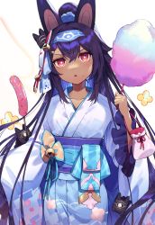Rule 34 | + +, 1girl, :&lt;, :t, absurdres, alternate costume, bell, blue hairband, blush, collarbone, cotton candy, cowboy shot, crossed bangs, dark-skinned female, dark skin, eating, female focus, flat chest, food, food on face, fox mask, frilled kimono, frilled sleeves, frills, hair between eyes, hairband, hand up, head tilt, headgear, highres, holding, holding food, japanese clothes, jingle bell, kimono, light blush, long hair, long sleeves, looking at viewer, mask, mask on head, nephtim (world flipper), obi, open mouth, pom pom (clothes), ponytail, pouch, purple hair, red eyes, sash, sausage, shibainu, sidelocks, simple background, skewer, solo, sprinkles, standing, straight-on, sweat, v-shaped eyebrows, very long hair, white background, white kimono, white sleeves, world flipper