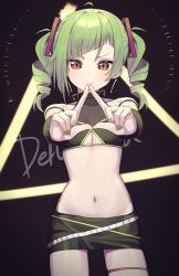 Rule 34 | 1girl, absurdres, ahoge, breasts, cleavage, commentary, commission, cowboy shot, crop top, delutaya, drill hair, earrings, green hair, green nails, green skirt, highres, indie virtual youtuber, jewelry, looking at viewer, medium hair, nail polish, navel, pixiv commission, red eyes, skirt, smile, solo, standing, stomach, syhan, triangle earrings, twin drills, utaite, virtual youtuber