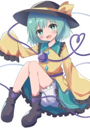 Rule 34 | 1girl, absurdres, aqua eyes, aqua hair, arm up, black footwear, black hat, bloomers, blouse, blush, boots, bow, bright pupils, buttons, diamond button, eyeball, frilled shirt collar, frilled skirt, frilled sleeves, frills, full body, green skirt, hat, hat bow, hat ribbon, heart, heart of string, high meron, highres, komeiji koishi, long sleeves, looking at viewer, medium hair, open mouth, ribbon, shirt, simple background, sitting, skirt, sleeves past fingers, sleeves past wrists, smile, solo, third eye, touhou, underwear, white background, white bloomers, white pupils, wide sleeves, yellow bow, yellow ribbon, yellow shirt