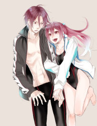 Rule 34 | 10s, 1boy, 1girl, black jammers, black male swimwear, brother and sister, competition swimsuit, free!, jacket, jammers, long hair, male swimwear, matsuoka gou, matsuoka rin, oh!miso, one-piece swimsuit, open clothes, ponytail, red eyes, red hair, short hair, siblings, swimsuit