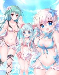 Rule 34 | 3girls, bikini, black bikini, blonde hair, blue bikini, blue eyes, blue hair, breasts, character request, cleavage, closed mouth, commentary request, commission, copyright request, day, green hair, happy, highres, long hair, looking at viewer, multiple girls, navel, open mouth, outdoors, pink bikini, purple eyes, skeb commission, smile, swimsuit, very long hair, white bikini, yurufuwa milk