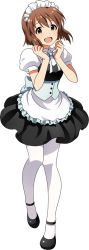 Rule 34 | 10s, 1girl, apron, arms up, blush, brown hair, corset, full body, hagiwara yukiho, idolmaster, idolmaster (classic), idolmaster 2, looking at viewer, maid, maid apron, maid headdress, mary janes, official art, open mouth, pantyhose, ribbon, shoes, short hair, solo, transparent background
