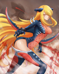 Rule 34 | 1girl, blonde hair, blood, bodysuit, breasts, claw pose, claws, cosplay, creatures (company), cynthia (pokemon), game freak, garchomp, garchomp (cosplay), gen 4 pokemon, hair over one eye, highres, impossible clothes, jojobirdz, large breasts, long hair, nintendo, pokemon, pokemon dppt, red eyes, solo, thighhighs, very long hair