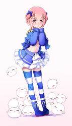 Rule 34 | 10s, 1girl, ankle boots, beelzebub-jou no okinimesu mama., belphegor (beelzebub-jou), blue bow, blue footwear, blue ribbon, blue shirt, blue skirt, blue thighhighs, blush, boots, bow, closed mouth, commentary request, creature, crop top, epaulettes, frilled skirt, frills, full body, gradient background, hair ornament, hair ribbon, hairclip, hands up, long sleeves, looking at viewer, midriff, miniskirt, mochizuki saku, navel, nose blush, pigeon-toed, pink eyes, pink hair, ribbon, shadow, shirt, short hair, sidelocks, simple background, skirt, sleeves past wrists, solo, standing, stomach, striped clothes, striped thighhighs, tareme, thighhighs, thighhighs under boots, wavy mouth, x hair ornament, zettai ryouiki