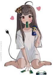 Rule 34 | 1girl, ahoge, animal, animal on head, artist name, bandaid, bandaid on arm, bandaid on cheek, bandaid on face, bandaid on leg, barefoot, between legs, blush, brown hair, bug, cable, cable tail, can, cd, drink, ear piercing, electric plug, full body, hand between legs, hand up, heart, highres, holding, holding can, holding drink, insect, long hair, looking at viewer, mechanical tail, moth, mouth hold, on head, original, oversized clothes, oversized shirt, piercing, ram (computer), red eyes, shirt, short sleeves, simple background, sitting, solo, straight hair, t-shirt, tail, tail raised, vickie (cryingrobot), vickie (cryingrobot) (character), wariza, wd-40, white background, white shirt