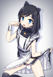 Rule 34 | 1boy, animal ears, apron, black hair, blue eyes, blush, bulge, cat ears, clothes lift, crossdressing, dress, dress lift, fake animal ears, highres, lifting own clothes, long hair, looking at viewer, maid, maid apron, male focus, original, porygonleft, simple background, solo, trap