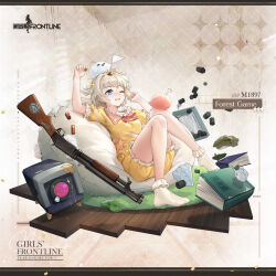 Rule 34 | 1girl, 2023, ammunition, ankle socks, arm up, bare arms, bare legs, bean bag chair, bird, blonde hair, blue eyes, board game, book, box, character name, chilunchilun, commentary, copyright name, damaged, english commentary, feet, flag, full body, girls&#039; frontline, gun, hair ornament, hair scrunchie, hand up, highres, holding, lying, m1897 (forest game) (girls&#039; frontline), m1897 (girls&#039; frontline), messy, notice lines, official alternate costume, official art, on back, one eye closed, open box, open mouth, pajamas, pink bird, pump action, rug, scrunchie, second-party source, short hair, short sleeves, shotgun, shotgun shell, simple background, socks, solo, star (symbol), sticker, tape, teardrop, torn clothes, unkempt, weapon, white background, white bird, white flag, white socks, winchester model 1897, wooden floor, yellow pajamas, yellow scrunchie