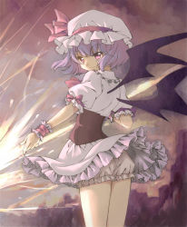 Rule 34 | 1girl, ascot, bat wings, bloomers, bodice, cloud, cloudy sky, from behind, hat, hat ribbon, light purple hair, light smile, looking at viewer, looking back, puffy short sleeves, puffy sleeves, red eyes, remilia scarlet, ribbon, short hair, short sleeves, skirt, skirt set, sky, solo, spear the gungnir, touhou, underwear, wind, wind lift, wings, wrist cuffs, yutamitan