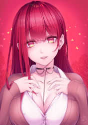 Rule 34 | 1girl, between breasts, breasts, buttons, cardigan, chain, cleavage, collar, commentary request, dress shirt, earrings, floral background, gradient eyes, head tilt, heart, heart-shaped pupils, highres, hinata mizuiro, jewelry, large breasts, long hair, long sleeves, looking at viewer, multicolored eyes, original, parted lips, red background, red hair, shirt, signature, solo, symbol-shaped pupils, upper body, white shirt