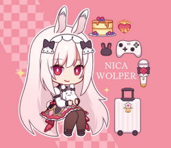 Rule 34 | 1girl, animal ears, black bow, black footwear, blush, bow, brown pantyhose, burning heart, cake, checkered background, chibi, closed mouth, controller, fire, food, game controller, hair bow, heart, hitsuki rei, indie virtual youtuber, layered sleeves, long hair, long sleeves, microphone, nica wolper, pantyhose, pink background, pink skirt, puffy short sleeves, puffy sleeves, rabbit ears, red eyes, rolling suitcase, shirt, shoes, short over long sleeves, short sleeves, sitting, skirt, smile, solo, suitcase, very long hair, virtual youtuber, white hair, white shirt