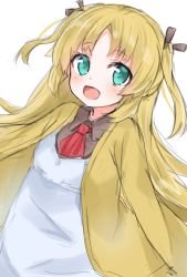 Rule 34 | 10s, 1girl, :d, ascot, black ribbon, blonde hair, blush, brown shirt, charlotte izoard, collared shirt, dress, green eyes, hair ribbon, hashiko nowoto, highres, jacket, long hair, looking at viewer, open clothes, open jacket, open mouth, parted bangs, red ascot, ribbon, ryuuou no oshigoto!, shirt, simple background, sketch, smile, solo, two side up, very long hair, white background, white dress, yellow jacket