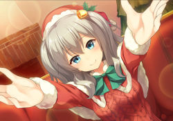 Rule 34 | 10s, 1girl, aran sweater, bell, blue eyes, blush, cable knit, capelet, christmas tree, dutch angle, fur trim, hair bell, hair ornament, hat, kantai collection, kashima (kancolle), outstretched arms, santa hat, shinonome haru, short twintails, silver hair, smile, solo, sweater, twintails