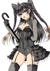 Rule 34 | 1girl, absurdres, arm behind back, black bow, black bustier, black gemstone, black gloves, black hair, black shorts, bow, braid, breasts, brown eyes, cleavage, cowboy shot, earrings, garter straps, gloves, grey bow, grey sleeves, grey thighhighs, hair between eyes, hair bow, highres, holding, jewelry, long hair, long sleeves, looking at viewer, medium breasts, micro shorts, misteor, open mouth, original, shorts, shrug (clothing), simple background, solo, standing, striped sleeves, thighhighs, tongue, tongue out, twin braids, twintails, very long hair, white background