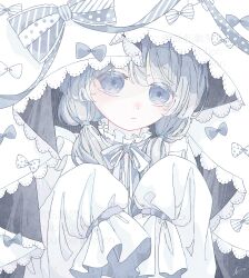 Rule 34 | 1girl, absurdres, blue eyes, blush, bow, brooch, dress, expressionless, ghost girl, grey hair, grey ribbon, highres, jewelry, long hair, looking at viewer, low twintails, neck ribbon, original, ribbon, sleeves past fingers, sleeves past wrists, solo, tearing up, twintails, upper body, white dress, yuge kemuri