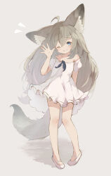 Rule 34 | 1girl, ahoge, animal ear fluff, animal ears, arm behind back, arm up, blue eyes, brown hair, dress, fox ears, fox girl, fox tail, full body, grin, highres, legs, long hair, looking at viewer, mote max, one eye closed, original, shoes, short dress, short sleeves, smile, solo, sundress, tail, thighs, waving, white dress, white footwear