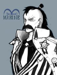 Rule 34 | 1boy, black hair, closed mouth, coat, coat on shoulders, english text, facial hair, formal, long hair, long sleeves, looking at viewer, male focus, mattya1582, military uniform, mohawk, momonga (one piece), mustache, necktie, one piece, ponytail, simple background, solo, topknot, uniform, white necktie