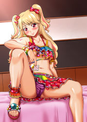 Rule 34 | 10s, 1girl, aikatsu!, aikatsu! (series), ankle cuffs, arm rest, bangle, beads, bed sheet, blonde hair, blush, bow, bracelet, breasts, cameltoe, collarbone, condom, crescent, crescent hair ornament, crop top, crop top overhang, earrings, eyelashes, feet, hair bow, hair ornament, hair ribbon, half updo, happy, head tilt, highres, holding, holding condom, jewelry, kijinaka mahiro, leg up, long hair, looking at viewer, lots of jewelry, md5 mismatch, midriff, miniskirt, multicolored hair, natsuki mikuru, navel, panties, pantyshot, pink hair, purple panties, red eyes, ribbon, sandals, shiny skin, shoes, sitting, skirt, small breasts, smile, solo, streaked hair, tattoo, toes, twintails, two side up, underboob, underwear, upskirt, wet, wet clothes, wet panties