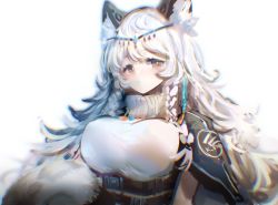 Rule 34 | 1girl, animal ear fluff, animal ears, arknights, black cape, blush, braid, breasts, cape, highres, jewelry, large breasts, leopard ears, leopard girl, leopard tail, long hair, looking at viewer, necklace, pramanix (arknights), shirt, side braids, simple background, solo, tail, tiara, turtleneck, twin braids, upper body, very long hair, wan jue, white background, white hair, white shirt, yellow eyes