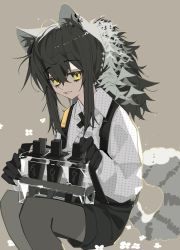 Rule 34 | 1girl, absurdres, animal ears, animal hands, arknights, black hair, black necktie, black pantyhose, black shorts, claws, collared shirt, cross tie, dagger, feet out of frame, freckles, grey background, hair between eyes, highres, invisible chair, knife, lihuashuangxiang, long sleeves, looking at viewer, necktie, pantyhose, pantyhose under shorts, parted lips, ponytail, raccoon ears, raccoon girl, raccoon tail, robin (arknights), shirt, shorts, sidelocks, simple background, sitting, smile, solo, tail, weapon, white shirt, yellow eyes