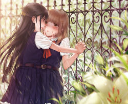 Rule 34 | 2girls, against fence, asaba0327, belt, black hair, blouse, blush, brown hair, dress, eye contact, female focus, fence, flower, hair ornament, half updo, hand on another&#039;s face, highres, holding hands, imminent kiss, interlocked fingers, intrlocked fingers, long hair, looking at another, multiple girls, neckerchief, original, outdoors, parted lips, pinafore dress, rain, red neckerchief, school uniform, shirt, sleeveless dress, very long hair, wet, wet clothes, white shirt, yuri
