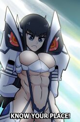 Rule 34 | 1girl, abs, absurdres, arms behind back, backlighting, black hair, blue eyes, blunt ends, breasts, cleavage, commentary, english commentary, english text, frown, highres, junketsu, kermittend, kill la kill, kiryuuin satsuki, large breasts, long hair, muscular, muscular female, revealing clothes, solo, subtitled, upper body, v-shaped eyebrows