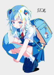 Rule 34 | 1girl, absurdres, backpack, bag, black footwear, bloop (gawr gura), blue eyes, blue nails, blue skirt, blush stickers, fins, fish tail, gawr gura, gawr gura (school uniform), grey background, highres, hololive, hololive english, ichijo rei, loafers, looking at viewer, multicolored hair, open mouth, pleated skirt, randoseru, school uniform, shark girl, shark tail, shirt, shoes, short sleeves, signature, simple background, skirt, socks, solo, squatting, streaked hair, tail, two side up, virtual youtuber, white hair, white shirt, white socks