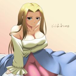 Rule 34 | 1girl, bed, blonde hair, breasts, cleavage, dress, final fantasy, final fantasy tactics, fwa rw, highres, large breasts, long hair, looking at viewer, reis duelar, simple background, smile, solo, twitter username, yellow eyes