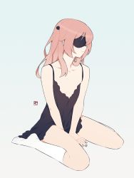 Rule 34 | 1girl, between legs, blindfold, closed mouth, collarbone, covered eyes, flat chest, full body, grey background, hand between legs, highres, inui sajuna, kneehighs, lingerie, long hair, one side up, pink hair, simple background, sitting, sleeveless, socks, solo, sono bisque doll wa koi wo suru, underwear, wariza, white socks, yan wan