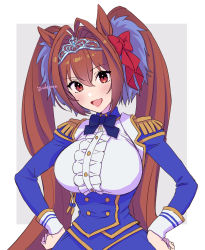 Rule 34 | 1girl, animal ears, artist name, bad id, bad pixiv id, blue bow, blue bowtie, blue dress, bow, bowtie, breasts, brown hair, center frills, cowboy shot, daiwa scarlet (umamusume), dress, epaulettes, fang, framed, frilled dress, frills, hair bow, hair intakes, hair ornament, hands on own hips, highres, horse ears, horse girl, juliet sleeves, large breasts, long hair, long sleeves, looking at viewer, open mouth, puffy sleeves, red bow, red eyes, simple background, skin fang, smile, solo, tiara, twintails, umamusume, underbust, very long hair, yudepan (yuri no sugata)