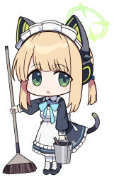 Rule 34 | 1girl, :o, animal ear headphones, animal ears, apron, bell (oppore coppore), black dress, black footwear, blonde hair, blue archive, blue bow, blush, bow, broom, bucket, chibi, commentary request, dress, fake animal ears, frilled apron, frilled dress, frills, full body, green eyes, hair bow, headphones, highres, holding, holding broom, holding bucket, long sleeves, looking at viewer, maid, maid apron, maid headdress, midori (blue archive), midori (maid) (blue archive), pantyhose, parted lips, puffy long sleeves, puffy sleeves, shoes, sidelocks, simple background, solo, standing, twintails, white background, white pantyhose