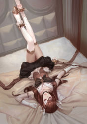 Rule 34 | 1girl, armband, bad id, bad pixiv id, bed, bed sheet, boots, bow, brown hair, collarbone, gloves, highres, league of legends, legs up, looking at viewer, lux (league of legends), lying, magical girl, miniskirt, on back, rabbit (tukenitian), skirt, solo, star guardian (league of legends), star guardian lux, thigh boots, thighhighs, twintails, upside-down, wand