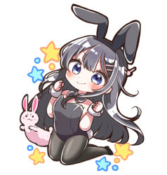 Rule 34 | 1girl, animal, animal ears, bare shoulders, black bow, black bowtie, black footwear, black hair, black hairband, black leotard, black pantyhose, blue eyes, blush, bow, bowtie, breasts, bunny day, chibi, clenched hands, closed mouth, collar, commentary request, detached collar, fake animal ears, full body, hair ornament, hairband, hairclip, hands up, high heels, jako (jakoo21), kneeling, leotard, looking at viewer, pantyhose, playboy bunny, rabbit, rabbit ears, rabbit hair ornament, rabbit tail, sakurajima mai, seishun buta yarou, shoes, simple background, small breasts, smile, solo, star (symbol), strapless, strapless leotard, tail, v-shaped eyebrows, white background, white collar, wrist cuffs