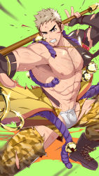 Rule 34 | 1boy, abs, absurdres, armpit peek, bara, bare pectorals, boots, bulge, camouflage, camouflage pants, character request, chest hair, demon x eater, expressive clothes, facial hair, facial mark, fighting stance, foot out of frame, forehead mark, fundoshi, highres, holding, holding polearm, holding weapon, japanese clothes, large pectorals, leather, leather boots, male focus, male underwear, mature male, mazjojo, muscular, muscular male, navel, navel hair, nipples, over shoulder, paid reward available, pants, pectorals, polearm, priest, paid reward available, short hair, sideburns, single bare shoulder, single sleeve, smile, solo, stomach, stubble, thick thighs, thighs, torn clothes, torn pants, underwear, weapon, weapon over shoulder, white male underwear, yellow pants