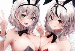 Rule 34 | 2girls, :d, :q, animal ears, asymmetrical docking, black bow, black bowtie, black hair, black hairband, blush, bow, bowtie, breast press, breasts, cleavage, commentary request, detached collar, ear piercing, fake animal ears, green eyes, hair between eyes, hair ornament, hairband, highres, hololive, large breasts, leotard, multicolored hair, multiple girls, nanashinayuzu mochi, open mouth, piercing, playboy bunny, rabbit ears, red eyes, sakamata chloe, shirogane noel, simple background, smile, strapless, strapless leotard, streaked hair, tongue, tongue out, upper body, virtual youtuber, wrist cuffs, x hair ornament