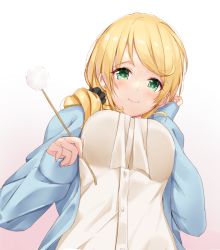 Rule 34 | 1girl, blonde hair, blue gk, blue jacket, blush, breasts, closed mouth, ellen baker, from below, green eyes, hair ornament, hair over shoulder, hair scrunchie, hand in own hair, hand up, holding, jacket, large breasts, long sleeves, looking at viewer, looking down, low ponytail, mimikaki, new horizon, open clothes, open jacket, scrunchie, shirt, simple background, smile, solo, tareme, upper body, white background, white shirt, wide sleeves