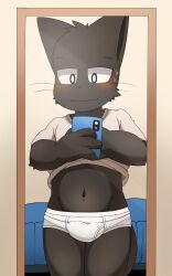 Rule 34 | 1boy, bed, blush, briefs, bulge, classic fly briefs, clothes, cub, furry, furry male, highres, male focus, male underwear, mirror, misuji 136, navel, original, phone, solo, solo focus, standing, underwear