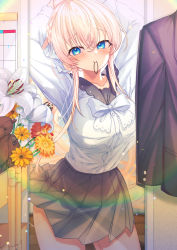 Rule 34 | 1girl, absurdres, adjusting hair, black skirt, blazer, blonde hair, blue eyes, blush, bouquet, braid, breasts, collarbone, cowboy shot, dress shirt, flower, hair tie, hair tie in mouth, highres, indoors, jacket, large breasts, lens flare, long sleeves, looking at viewer, miniskirt, mole, mole on neck, mouth hold, original, pleated skirt, shirt, shirt tucked in, skirt, smile, solo, teltelhousi, thighs, virtual youtuber, white shirt