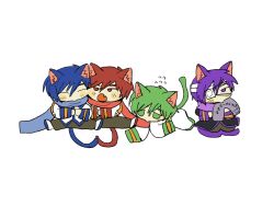 Rule 34 | 4boys, akaito, animal ears, bandaged head, bandages, black coat, blue hair, blue scarf, blush stickers, brothers, brown pants, cat boy, cat ears, cat tail, cheek-to-cheek, chibi, closed eyes, coat, commentary request, eyepatch, fang, flying sweatdrops, full body, fuyuno (ramentaro23), green eyes, green hair, heads together, highres, holding, holding clothes, holding scarf, kaito (vocaloid), kemonomimi mode, kneeling, lineup, looking at another, lying, male focus, multicolored coat, multiple boys, nigaito, on stomach, open mouth, own hands together, pants, purple eyes, purple hair, purple scarf, red coat, red eyes, red hair, red scarf, scarf, shoes, short hair, siblings, simple background, sitting, skin fang, tail, taito (vocaloid), translation request, very long sleeves, vocaloid, white background, white coat, white footwear