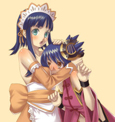 Rule 34 | 2girls, apron, ar tonelico, ar tonelico ii, bad id, bad pixiv id, blue hair, blush, bow, breast smother, brown eyes, detached sleeves, face to breasts, folded ponytail, green eyes, gust, hair ornament, hug, lace, luca truelywaath, multiple girls, open mouth, soraneko (ar tonelico), terumii, waitress, wristband, yuri